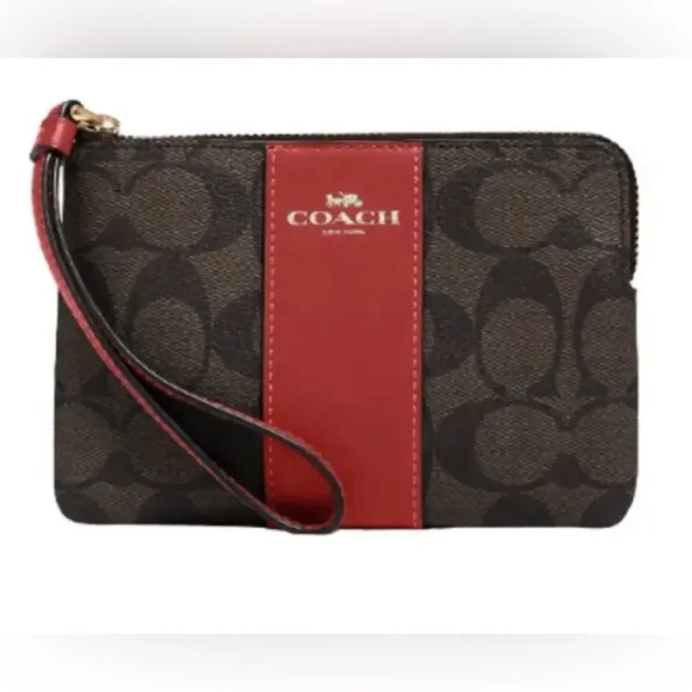 Coach Corner Zip Wristlet In Signature Canvas Brown / Red 58035 - NEW - Picture 2 of 3